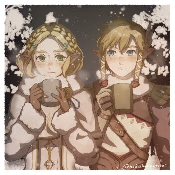1boy 1girl border braid brown_gloves coat commentary_request crown_braid cup fur-trimmed_coat fur_trim gloves hair_between_eyes hair_ornament hair_ribbon hairclip highres holding holding_cup light_blush link medium_hair nikohakaeritai nintendo official_alternate_costume princess_zelda ribbon short_hair sidelocks snow steaming_cup the_legend_of_zelda the_legend_of_zelda:_breath_of_the_wild twitter_username upper_body white_border winter_clothes winter_coat