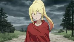 1girl animated ass blonde_hair braid breasts butt_crack cape closed_eyes cloud cloudy_sky covered_navel darkness_(konosuba) dimples_of_venus forest highres kono_subarashii_sekai_ni_shukufuku_wo! long_hair nature one-piece_swimsuit ponytail ponytail_with_braided_base removing_cape sky solo sparkle swimsuit swimsuit_under_clothes tree undressing video