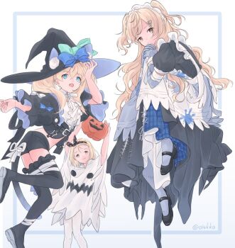 3girls animal_ear_fluff animal_ears apron bandages black_dress black_hat black_shoes black_shorts black_thighhighs blonde_hair blue_eyes blue_ribbon brown_eyes cat_ears cat_tail dress dress_shirt frilled_jacket frilled_thighhighs frills gambier_bay_(halloween)_(kancolle) gambier_bay_(kancolle) ghost_costume gloves grey_gloves halloween_costume hat i-504_(kancolle) jacket kantai_collection kokko_(014kko) luigi_torelli_(halloween)_(kancolle) luigi_torelli_(kancolle) maid_headdress mary_janes minneapolis_(halloween)_(kancolle) minneapolis_(kancolle) multiple_girls pantyhose patchwork_skin ribbon shirt shoes shorts tail thighhighs twintails two_side_up wavy_hair white_apron white_pantyhose white_shirt witch_hat