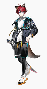 Rule 34 | 1boy, absurdres, ahoge, alternate costume, animal ears, arknights, black jacket, black leggings, black shorts, black streaks, blue eyes, commentary, dog boy, dog ears, dog tail, drawstring, full body, hand in pocket, highres, holding, holding sword, holding weapon, jacket, leggings, looking at viewer, male focus, multicolored hair, open clothes, open jacket, red hair, shirt, short hair, shorts, skgwyu, solo, streaked hair, sumino takumi, sword, tail, techwear, the hundred line -last defense academy-, two-tone hair, weapon, white shirt