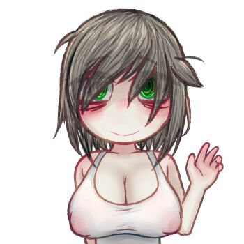 1girl absurdres breasts camisole cleavage closed_mouth covered_erect_nipples green_eyes grey_hair hair_over_eyes hand_up highres huge_breasts looking_at_viewer mentha_(menthalovely) mint_(menthalovely) nervous_smile original shaded_face short_hair simple_background smile solo straight-on upper_body waving white_background white_camisole