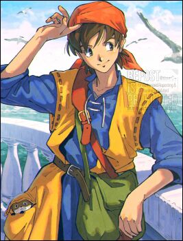 Rule 34 | 1boy, against railing, animal, bag, bandana, belt, bird, black border, blue sky, border, brown eyes, brown hair, closed mouth, cloud, commentary request, day, dragon quest, dragon quest viii, green bag, hero (dq8), highres, kwsby 124, looking to the side, male focus, outdoors, railing, red bandana, sky, solo, water