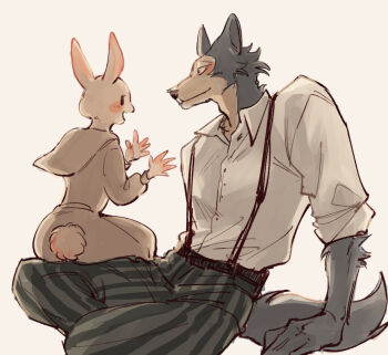 animal_ears artist_request bad_id bad_pixiv_id beastars blush closed_mouth collared_shirt couple dress from_behind from_side furry furry_female furry_male happy haru_(beastars) leaning_back legoshi light_smile looking_at_another looking_down looking_up open_mouth pants rabbit rabbit_ears rabbit_girl rabbit_tail school_uniform shirt sitting sitting_on_person sleeves_rolled_up smile tail upper_body white_shirt wolf_boy wolf_ears wolf_tail