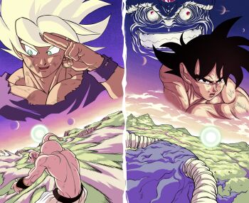 3boys 6_9 absurdres antennae black_eyes black_hair commentary crazy_eyes crazy_grin dirty dirty_face dragon_ball dragon_ball_super dragonball_z energy_ball english_commentary genki_dama highres horns kid_buu koralldiz large_pectorals majin_buu male_focus moro_(dragon_ball) multiple_boys muscular muscular_male pants pectoral_cleavage pectorals planet son_goku split_screen super_saiyan super_saiyan_1 sweat white_pants wind