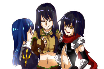 3girls armor assassin_cross_(ragnarok_online) black_gloves black_hair black_leotard blue_hair breasts brown_gloves brown_shirt closed_eyes closed_mouth commentary_request crop_top dress elbow_gloves fingerless_gloves gloves hunter_(ragnarok_online) juliet_sleeves large_breasts leotard long_hair long_sleeves looking_at_another medium_breasts midriff multiple_girls navel open_mouth pauldrons priest_(ragnarok_online) puffy_sleeves purple_dress ragnarok_online shirt short_hair shoulder_armor simple_background smile toriria upper_body vambraces white_background