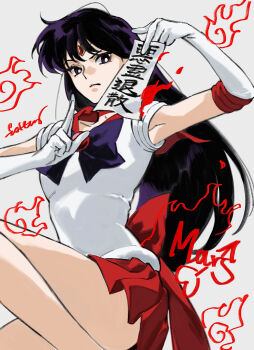 absurdres back_bow bishoujo_senshi_sailor_moon black_hair bow bowtie character_name circlet collarbone commentary elbow_gloves english_commentary fire gloves highres hino_rei holding holding_ofuda long_hair looking_at_viewer magical_girl mars_symbol miniskirt ofuda pleated_skirt purple_bow purple_bowtie red_bow red_sailor_collar red_skirt roru_(lol_dessin) sailor_collar sailor_mars sailor_senshi sailor_senshi_uniform signature skirt white_gloves