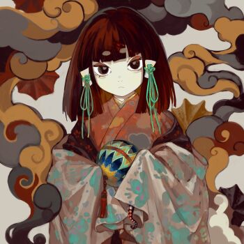 1girl ball black_eyes black_hair commentary_request expressionless hair_tubes highres hikimayu japanese_clothes kimono kurashiki_touka looking_at_viewer original short_hair sleeves_past_fingers sleeves_past_wrists smoke solo