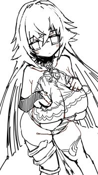 1girl bare_shoulders breasts crossed_bangs empty_eyes grimms_notes hair_between_eyes huge_breasts long_hair magic_mirror_(grimms_notes) monochrome parted_lips solo thighhighs unfinished user_xmsj2855 very_long_hair