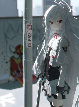 2girls absurdres against_wall black_corset black_neckerchief black_thighhighs blue_archive blurry blurry_background bow bowtie closed_mouth commentary_request corset explosive feathered_wings gas_mask grenade grey_hair grey_serafuku grey_shirt grey_skirt grey_wings gun halo head_wings helmet helmet_gangster_(blue_archive) highres implied_death long_hair mask mole mole_under_eye multiple_girls neckerchief pants pensive red_bow red_eyes red_helmet red_pants red_shirt rifle s0lari_sub sailor_collar school_uniform serafuku shade shirt sig_mcx single_head_wing single_wing skirt solo_focus striped_clothes striped_headwear suzumi_(blue_archive) thighhighs trinity_general_school_logo utility_pole very_long_hair weapon white_halo white_sailor_collar wings yellow_bow yellow_bowtie