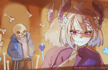 1boy 1girl ahoge artist_name bone braid commentary cosplay determined english_commentary enna_alouette expressionless flower frisk_(undertale) frisk_(undertale)_(cosplay) hair_flower hair_ornament hands_in_pockets head_wings hideroch holding holding_knife knife medium_hair nijisanji nijisanji_en purple_eyes purple_sweater sans_(undertale) sweater twitter_username undertale utdr_(toby_fox) virtual_youtuber wings