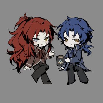 Rule 34 | 1boy, 1girl, ascot, blue ascot, blue coat, blue hair, chesed (project moon), chibi, coat, commentary request, cup, drinking glass, gebura (project moon), grey background, grey vest, heterochromia, holding, holding cup, library of ruina, long hair, low ponytail, mug, open mouth, ponytail, project moon, red ascot, red coat, red hair, scar, scar across eye, scar on face, simple background, very long hair, vest, zomerm