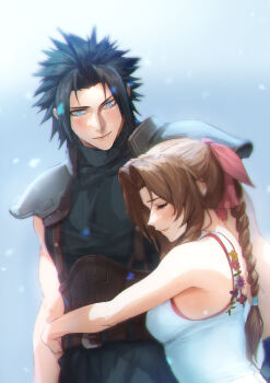 Rule 34 | 1boy, 1girl, absurdres, aerith gainsborough, armor, arms around waist, bare arms, bare shoulders, belt, black shirt, blue eyes, blush, braid, braided ponytail, breasts, brown hair, closed eyes, couple, crisis core: final fantasy vii, dress, final fantasy, final fantasy vii, hair ribbon, hetero, highres, hug, long hair, looking at another, medium breasts, multiple belts, parted bangs, pink ribbon, ribbon, shirt, short hair, shoulder armor, sidelocks, sleeveless, sleeveless dress, sleeveless turtleneck, smile, spiked hair, spykeee, suspenders, toned, toned male, turtleneck, upper body, white dress, zack fair