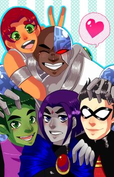 2girls 3boys alien bald beast_boy_(dc) black_hair cape colored_skin cyborg_(dc) dark_skin dc_comics dick_grayson green_eyes green_skin heart mask mechanical_arms multiple_boys multiple_girls purple_hair raven_(dc) robin_(dc) single_mechanical_arm smile starfire teen_titans v victor_stone