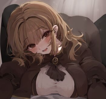 1girl :d absurdres ascot blush breasts brown_ascot brown_dress brown_eyes brown_hair brown_jacket catherine_(project_moon) dress highres jacket juliet_sleeves large_breasts limbus_company long_hair long_sleeves open_mouth project_moon puffy_sleeves saeda8e smile solo