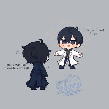 2boys ahoge anger_vein black_coat black_eyes black_hair black_shirt chibi chibi_only coat curtained_hair double-parted_bangs english_text full_body hair_between_eyes highres hug_invitation kim_dokja kimidori_22 looking_at_another male_focus multiple_boys omniscient_reader&#039;s_viewpoint open_clothes open_coat open_mouth outstretched_arms popped_collar shirt short_hair standing sweatdrop white_coat yoo_joonghyuk