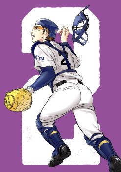 1boy ace_of_diamond ass baseball_glove baseball_helmet baseball_uniform belt black_belt black_shoes blue_socks brown_hair catcher's_mask catcher_(baseball) chest_protector commentary_request compression_shirt from_behind full_body goggles heise_wanbaolu helmet highres layered_sleeves long_sleeves looking_up male_focus mask miyuki_kazuya number_background open_mouth pants purple_background running shin_guards shirt shirt_tucked_in shoes short_hair short_over_long_sleeves short_sleeves sideburns simple_background socks socks_over_pants solo sportswear standing teeth unworn_mask white_pants white_shirt