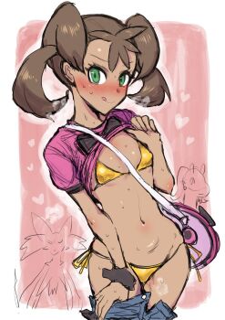 1girl bikini blush brown_hair dark-skinned_female dark_skin delphox gen_6_pokemon goodra green_eyes highres ichigain long_hair looking_at_viewer navel nintendo pokemon pokemon_xy quad_tails shauna_(pokemon) smile solo sweat swimsuit tongue tongue_out twintails undressing yellow_bikini