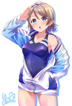 1girl absurdres arm_up armpit_peek armpits ass blue_eyes blue_jacket blue_one-piece_swimsuit blush breasts brown_hair collarbone collared_shirt commentary competition_swimsuit covered_navel gluteal_fold grey_hair gym_uniform hand_up head_tilt heart heart_in_eye highleg highleg_one-piece_swimsuit highres jacket kuntze long_sleeves love_live! love_live!_sunshine!! medium_breasts multicolored_hair multicolored_jacket off_shoulder official_alternate_costume one-piece_swimsuit open_clothes open_jacket open_mouth purple_hair revision salute shirt short_hair signature simple_background sportswear streaked_hair sweat sweatdrop swimsuit symbol_in_eye teeth thighs tongue track_jacket two-tone_jacket two-tone_swimsuit upper_body upper_teeth_only watanabe_you wavy_hair wet white_background white_jacket