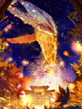absurdres aerial_fireworks architecture autumn_leaves blue_eyes building colorful commentary_request east_asian_architecture falling_leaves fireworks flying_whale highres leaf makoron117117 maple_leaf night no_humans original scenery surreal whale