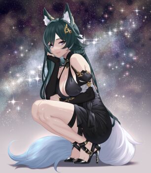 1girl absurdres animal_ears bare_shoulders black_dress breasts cleavage dress eushufeal fox_ears fox_tail full_body gold green_hair high_heels highres honkai:_star_rail honkai_(series) jewelry kitsune large_breasts long_hair looking_at_viewer non-web_source purple_eyes shine smile solo squatting tail yukong_(honkai:_star_rail)