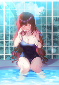 1girl a-chan_(little_busters!) absurdres armpit_crease bare_arms bare_shoulders blue_one-piece_swimsuit blush breasts brown_hair cleavage closed_eyes commentary_request covered_navel curvy day eyelashes facing_viewer feet_out_of_frame frown furrowed_brow hair_between_eyes hands_up highres knees_together_feet_apart kud_wafter large_breasts little_busters! long_hair miiizuno_lbs one-piece_swimsuit open_mouth outdoors poolside rubbing_eyes sad school_swimsuit sidelighting sidelocks sitting soaking_feet solo strap_slip sunlight swimsuit thighs very_long_hair wading water wavy_hair wavy_mouth wet wet_clothes wet_hair wet_swimsuit