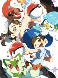 Rule 34 | 1boy, 1girl, 3others, animal ears, beak, blue eyes, blue hair, braid, braided ponytail, brown eyes, brown hair, buck teeth, cat ears, cat tail, closed eyes, creatures (company), eyebrows hidden by hair, eyelashes, fangs, florian (pokemon), fuecoco, game freak, hat, holding, juliana (pokemon), kayama yosi (yosiyosi), looking at viewer, multiple others, necktie, nintendo, one eye closed, open mouth, pants, paw pose, poke ball, pokemon, pokemon (creature), quaxly, red eyes, school uniform, shirt, shoes, sleeping, smile, sparkle, sprigatito, tail, teeth, white background, wink, zzz
