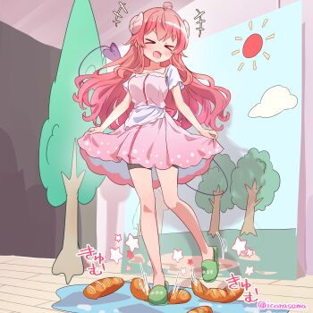 >_< 1girl absurdres bike_shorts blush brown_horns clothes_lift curled_horns demon_horns demon_tail fang highres horns icorasama lifting_own_clothes long_hair machikado_mazoku motion_lines pink_skirt red_hair short_sleeves skin_fang skirt skirt_lift solo standing star_(symbol) tail twitter_username yoshida_yuuko