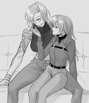 2girls arm_tattoo chest_strap chief_(path_to_nowhere) closed_mouth collared_shirt commentary_request couch crop_top earrings female_chief_(path_to_nowhere) greyscale hand_on_another&#039;s_waist highres jewelry long_hair long_sleeves looking_at_another medium_hair monochrome multiple_girls okkoooome on_couch pants parted_lips path_to_nowhere shirt shoulder_tattoo sitting_between_lap sleeveless sleeveless_shirt smile tattoo yuri zoya_(path_to_nowhere)