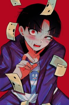 1boy black_hair blue_jacket blue_pants eyelashes fingernails hand_up highres jacket looking_at_viewer male_focus maruko_gaku money open_mouth pants parted_bangs parted_hair red_background red_eyes shirt solo solo_focus sweat sweatdrop teeth the_hundred_line_-last_defense_academy- tongue white_shirt