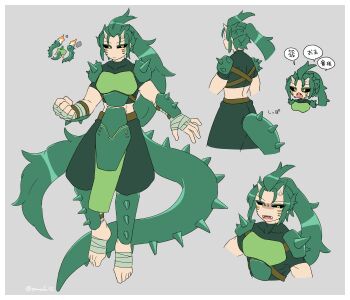 Rule 34 | armor, bandaged arm, bandages, barefoot, black sclera, breastplate, colored sclera, commentary request, feet, green hair, grey background, highres, horns, hydra (kirby), kirby (series), kirby air ride, knee pads, lena18, long hair, nintendo, open mouth, shoulder armor, tail, toes, translation request, very long hair, yellow eyes