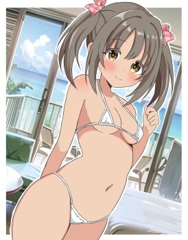 1girl absurdres bikini blue_sky blush border bow breasts cloud commentary_request cowboy_shot dutch_angle grey_hair hair_between_eyes hair_bow halterneck highres idolmaster idolmaster_cinderella_girls imai_kana indoors looking_at_viewer medium_hair micro_bikini navel ocean ohana._(komachi) outline outside_border pink_bow shore short_twintails sidelocks sky small_breasts smile solo standing stomach string_bikini swimsuit twintails white_bikini white_border white_outline window yellow_eyes