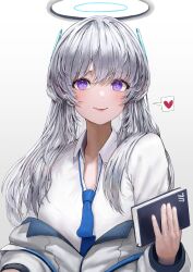 Rule 34 | 1girl, absurdres, blue archive, blue necktie, blush, closed mouth, collared shirt, grey hair, halo, heart, highres, jacket, long hair, long sleeves, mechanical halo, necktie, noa (blue archive), purple eyes, shirt, simple background, smile, solo, spoken heart, suang, upper body, white background, white jacket, white shirt