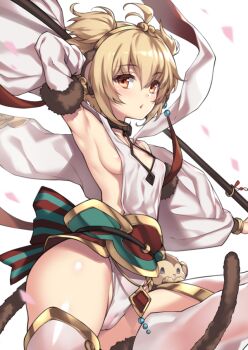 10s 1girl ahoge andira_(granblue_fantasy) animal_ears areola_slip armpits arms_up bare_shoulders blonde_hair blush breasts cameltoe covered_eyes detached_sleeves erune female_focus fur_trim fuya_(tempupupu) granblue_fantasy hairband loli looking_at_viewer monkey monkey_ears monkey_tail red_eyes short_hair sideboob simple_background small_breasts solo staff tail thighhighs white_background