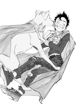 1boy animal arms_up atie1225 cape closed_eyes collar commentary dc_comics denim dog full_body greyscale grin jeans jonathan_kent krypto_the_superdog licking licking_another's_cheek licking_another's_face male_focus monochrome pants shoes short_hair sleeve_cuffs smile sneakers solo studded_collar superboy superman_(series) superman_logo symbol-only_commentary torn_clothes torn_pants