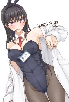 1girl animal_ear_hairband animal_ears artist_name bare_shoulders between_breasts black_leotard black_pantyhose blush bow bowtie breasts cleavage covered_navel dated detached_collar dutch_angle embarrassed fake_animal_ears gluteal_fold hairband highres lab_coat leotard leotard_under_clothes long_hair medium_breasts necktie necktie_between_breasts oimo_(toyama164) open_mouth original pantyhose playboy_bunny rabbit_ear_hairband rabbit_ears red_necktie solo strapless strapless_leotard sweatdrop white_wrist_cuffs wrist_cuffs