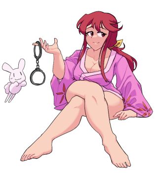 Rule 34 | 1girl, bare legs, barefoot, breasts, cleavage, collarbone, crossed legs, cuffs, floral print, hair ribbon, handcuff dangle, handcuffs, holding, holding handcuffs, jackyyeah, japanese clothes, kimono, kotohime (touhou), long sidelocks, long sleeves, looking to the side, low ponytail, pink kimono, ponytail, rabbit, red eyes, red hair, ribbon, sidelocks, sitting, smile, thighs, touhou, touhou (pc-98), wide sleeves, yellow ribbon
