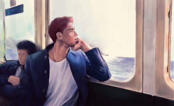 Rule 34 | 2boys, black hair, closed eyes, crossed arms, day, gakuran, hand rest, highres, indoors, k05062688, looking outside, male focus, mito youhei, multiple boys, ocean, pompadour, profile, red hair, sakuragi hanamichi, school uniform, slam dunk (series), sleeping, train interior
