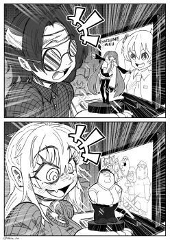 1boy 1girl artist_name commentary computer computer_keyboard desk emphasis_lines english_commentary family_guy fang figure greyscale hairband hatsune_miku highres long_hair long_sleeves mimi_(nhim) monitor monochrome nhim original otaku peter_griffin ribbed_sweater ringed_eyes screen_light skin_fang sweater twitter_username upper_body vocaloid