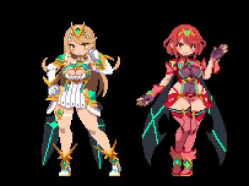 2girls animated bent_over black_background blonde_hair boots bouncing_breasts breasts brown_gloves chest_jewel cleavage core_crystal_(xenoblade) covered_navel dress fingerless_gloves full_body gem gloves green_gem impossible_clothes large_breasts leaning_forward long_hair looking_at_viewer microdress multiple_girls mythra_(xenoblade) pixel_art pyra_(xenoblade) red_boots red_eyes red_hair red_shorts red_thighhighs sesuji07 short_hair short_shorts shorts simple_background smile solo standing thighhighs tiara video white_dress xenoblade_chronicles_(series) xenoblade_chronicles_2 yellow_eyes