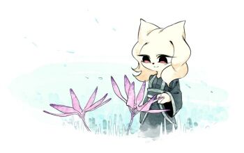 1girl cat_girl chinese_clothes closed_mouth flower furry furry_female hashtag-only_commentary heng_(nine_sols) nine_sols pink_flower red_eyes smile solo standing tus_3333 white_fur wide_sleeves