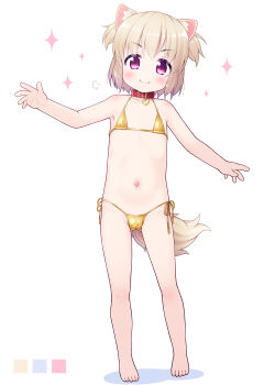 >:) 1girl animal_ear_fluff animal_ears bare_arms bare_legs bare_shoulders barefoot bikini blonde_hair blush cameltoe closed_mouth collar collarbone color_guide colored_shadow dog_ears dog_girl dog_tail full_body hair_between_eyes hand_up highres inuarashi loli looking_at_viewer navel original red_collar shadow short_hair side-tie_bikini_bottom simple_background smile solo sparkle standing swimsuit tail two_side_up v-shaped_eyebrows white_background yellow_bikini