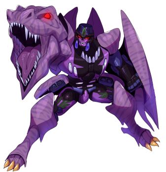 0lightsource 1boy beast_wars beast_wars:_transformers claws full_body glowing glowing_eyes highres male_focus mecha megatron_(beast_wars) no_humans open_mouth predacon red_eyes robot science_fiction sharp_teeth solo teeth transformers white_background