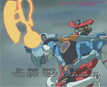 axe energy_axe gquuuuuux green_eyes gundam gundam_gquuuuuux heat_hawk kin-san_(sasuraiga) mecha mecha_focus mobile_suit no_humans parody robot science_fiction solo subtitled transformers transformers:_generation_1 v-fin weapon