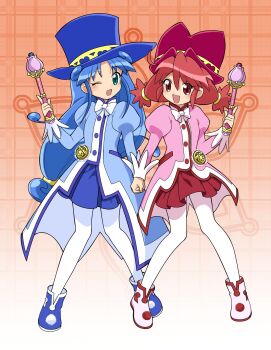 Rule 34 | 2girls, :d, ;d, absurdres, ahoge, aqua eyes, blue boots, blue coat, blue hair, blue hat, blue skirt, blush, boots, bow, bowtie, buttons, chaimaou, chinese commentary, coat, commentary, crest, curly hair, curtained hair, dot nose, fine (futagohime), flower wand, full body, fushigiboshi no futago hime, gradient background, hair between eyes, hand up, hat, highres, holding, holding hands, holding wand, index finger raised, long hair, long sleeves, looking at viewer, low-tied long hair, low twintails, medallion, miniskirt, mixed-language commentary, multiple girls, one eye closed, open mouth, orange background, overcoat, pantyhose, pigeon-toed, pink boots, pink coat, plaid background, pleated skirt, pom pom (clothes), pom pom footwear, puffy long sleeves, puffy sleeves, red eyes, red hair, red hat, red skirt, rein (futagohime), siblings, side-by-side, sisters, skirt, smile, standing, top hat, twins, twintails, two-tone background, wand, white background, white bow, white bowtie, white pantyhose