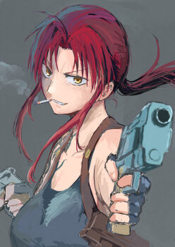 aiming aiming_at_viewer black_lagoon blurry blurry_foreground breasts cigarette evil_grin evil_smile grey_tank_top grin gun handgun highres holding holding_gun holding_weapon large_breasts long_hair perspective ponytail red_hair revy_(black_lagoon) short_hair_with_long_locks simple_background smile smoking tank_top weapon yellow_eyes zumisan3
