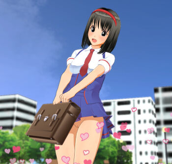 1girl 3d black_hair blue_dress blue_eyes blush breasts briefcase building classmate_daisuki cleft_of_venus cloud dress female_focus from_below hairband heart holding looking_at_viewer looking_down medium_breasts necktie no_panties open_mouth outdoors pussy red_necktie school_uniform shirt short_hair short_sleeves sky skyscraper sleeveless sleeveless_dress smile solo standing tree uncensored white_shirt wind wind_lift