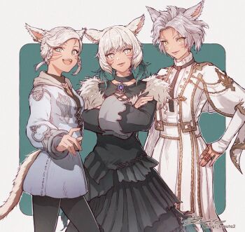 3girls ahoge animal_ears black_choker black_dress black_necktie black_pants border braid braided_sidelocks brooch brown_shirt cat_ears cat_girl cat_tail choker closed_mouth commentary_request cowboy_shot crossed_arms dress earrings facial_mark fang final_fantasy final_fantasy_xiv frilled_dress frills fur_collar fur_wrist_cuffs green_background grey_eyes grey_jacket hand_on_own_hip jacket jewelry layered_dress long_sleeves looking_at_viewer miqo&#039;te mugi_kosuta multiple_girls necktie open_mouth outstretched_arm pants puffy_long_sleeves puffy_sleeves reaching reaching_towards_viewer rounded_corners shirt short_hair simple_background sleeves_past_wrists smile swept_bangs tail teeth upper_teeth_only warrior_of_light_(ff14) white_border white_eyes white_hair white_jacket white_pants wide_sleeves wrist_cuffs y&#039;mhitra_rhul y&#039;shtola_rhul yellow_eyes