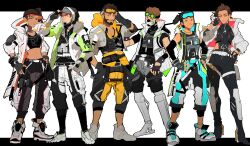 Rule 34 | 3boys, 3girls, absurdres, alternate costume, animification, apex legends, assan (kagokamisan), baseball cap, black gloves, black shirt, black shorts, blue pants, breasts, brown eyes, brown hair, conduit (apex legends), cropped shirt, crypto (apex legends), dark-skinned female, dark-skinned male, dark skin, eyeshadow, facial hair, fingerless gloves, frown, gloves, goatee, goggles, goggles on head, grey eyeshadow, grey footwear, grey hat, hand on headwear, hand on own head, hands on own hips, hat, head tilt, high heels, highres, hip vent, hood, hoodie, jacket, leaning back, letterboxed, loba (apex legends), looking at viewer, makeup, mask, medium breasts, midriff, mirage (apex legends), mouth mask, multiple boys, multiple girls, navel, octane (apex legends), orange hoodie, orange pants, outside border, pants, pectoral cleavage, pectorals, rampart (apex legends), selfie stick, shirt, shoes, short hair, shorts, side ponytail, sleeveless, sleeveless jacket, smile, sneakers, techwear, v-shaped eyebrows, visor cap, white background, white jacket