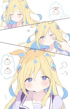 1girl 1other ahoge animal_ears blonde_hair blue_eyes blue_hair blush cheek_poking closed_eyes closed_mouth colored_inner_hair commentary_request food hair_between_eyes hair_ornament highres horse_ears horse_girl long_hair looking_at_viewer mochi multicolored_hair neo_universe_(umamusume) one_eye_closed pof_(peuplierpof) poking puffy_cheeks purple_shirt sailor_collar sailor_shirt school_uniform shirt simple_background thong tracen_school_uniform two-tone_hair umamusume white_sailor_collar
