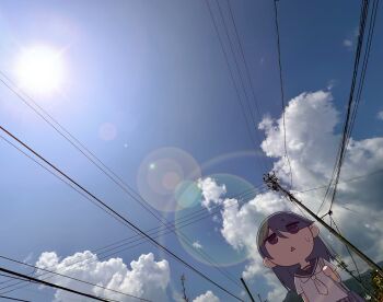 1girl absurdres bag character_request cloud copyright_request cumulonimbus_cloud day eyes_visible_through_hair hair_over_one_eye highres hot jitome lens_flare neckerchief no_nose outdoors photo_background power_lines purple_eyes purple_hair purple_sailor_collar sailor_collar school_uniform serafuku shirt short_sleeves solo summer sun sunlight sweatdrop triangle_mouth white_neckerchief white_shirt yas_(yosiyasuyasu)